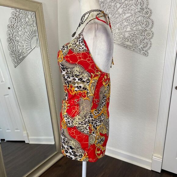 Y2K Boho Red Gold Paisley Low Cowl Neck Made in USA Halter Top Sz M - Picture 4 of 8